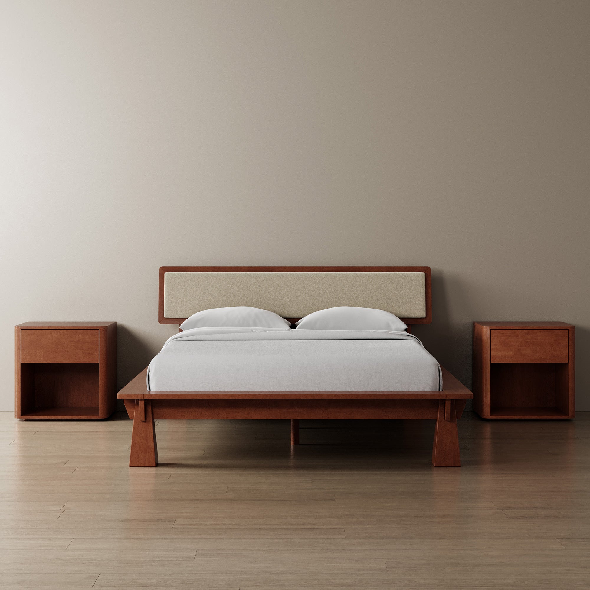 Platform Bed + Cushioned Headboard + Bedsides
