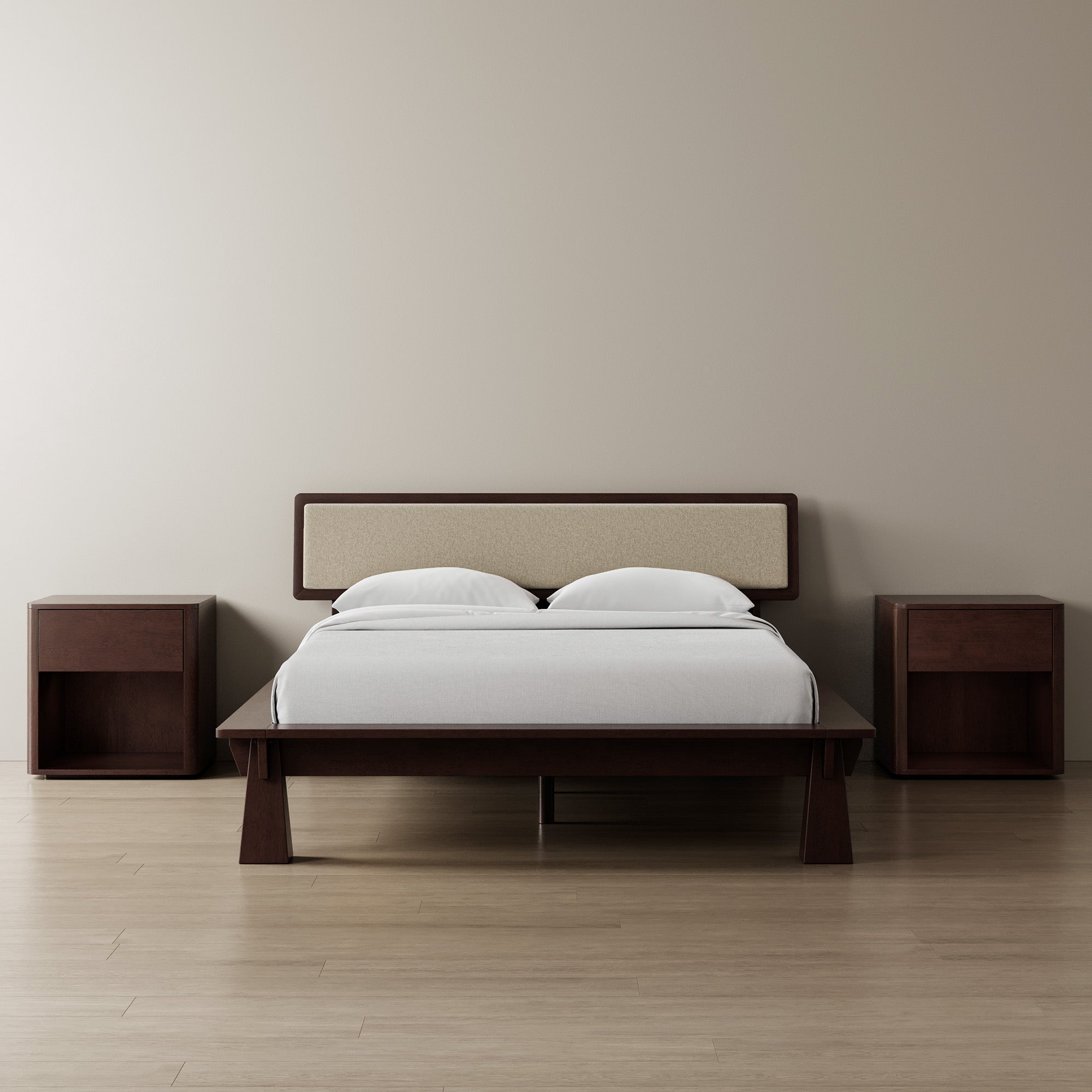 Platform Bed + Cushioned Headboard + Bedsides