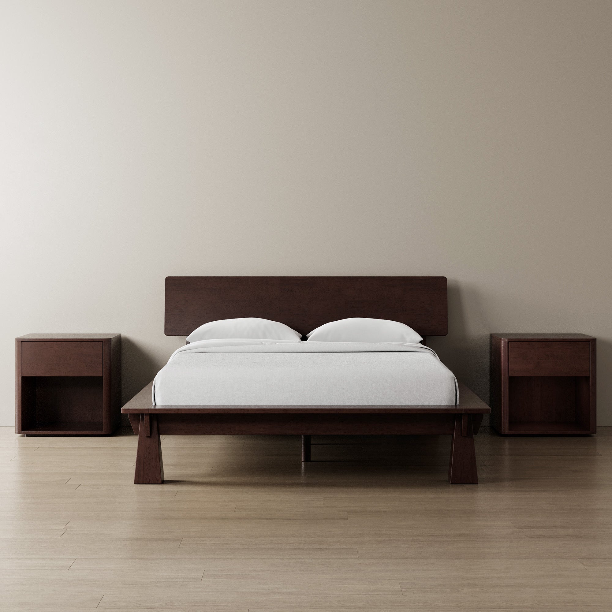 Platform Bed + Wooden Headboard + Bedsides