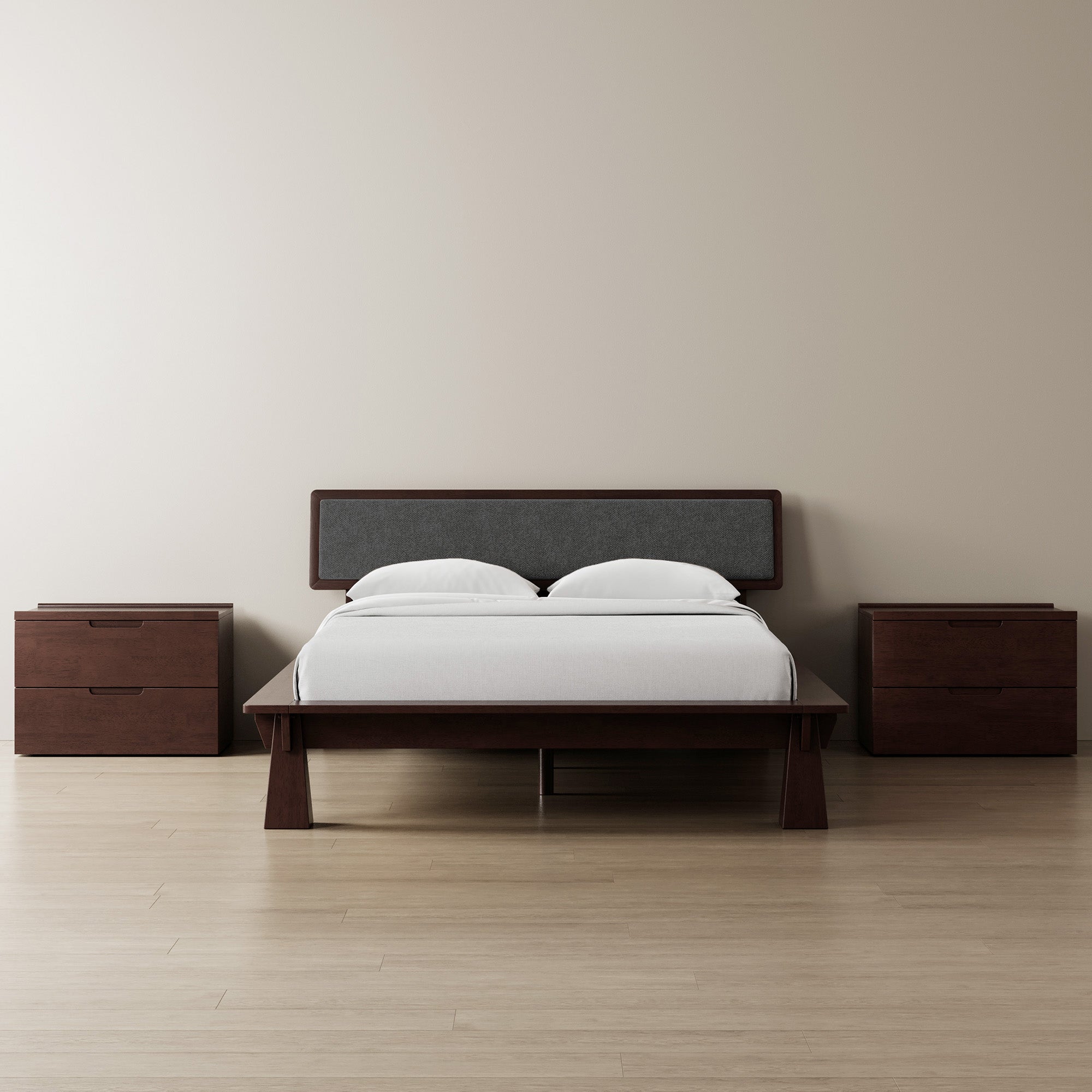 Platform Bed + Cushioned Headboard + Bedsides