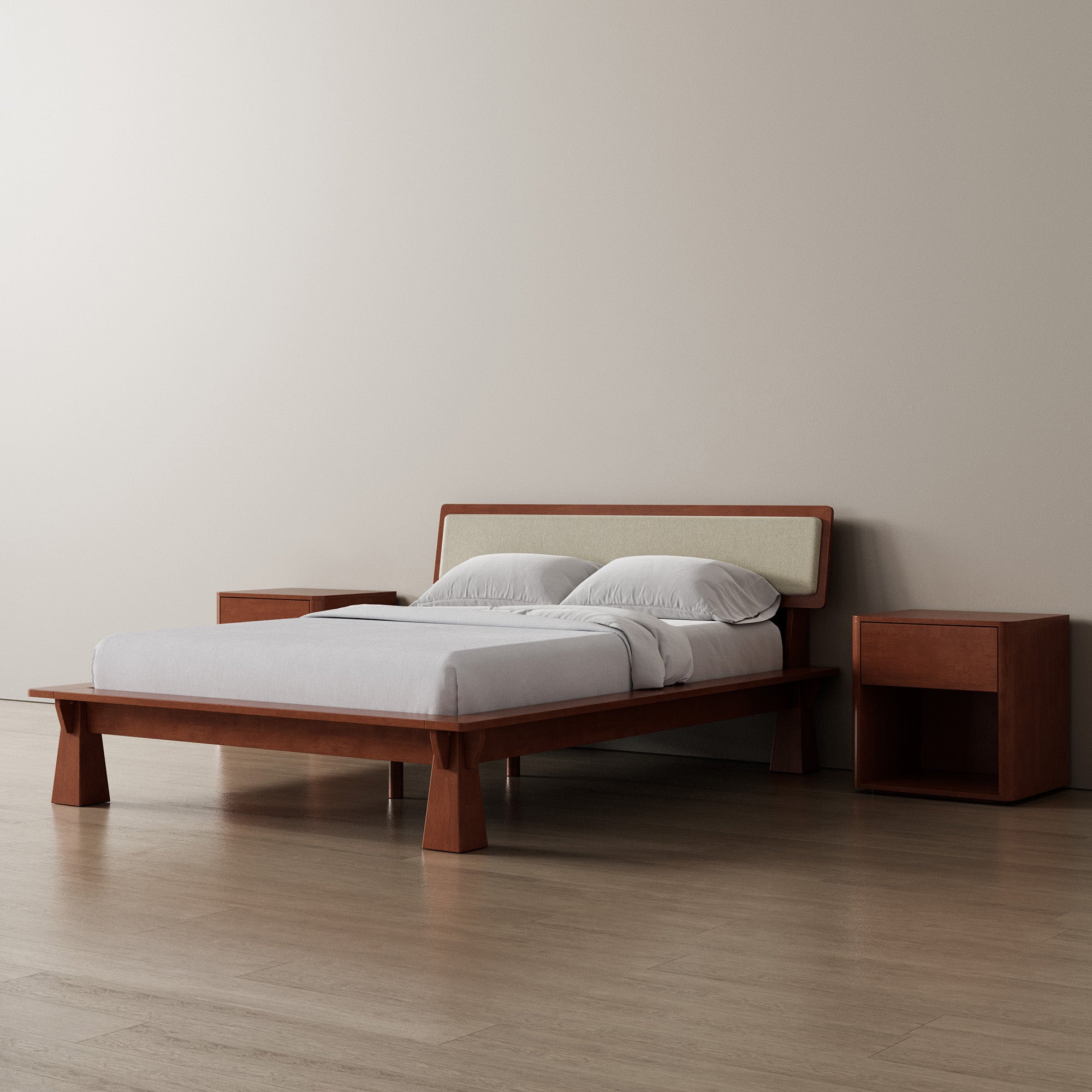 Platform Bed + Cushioned Headboard + Bedsides