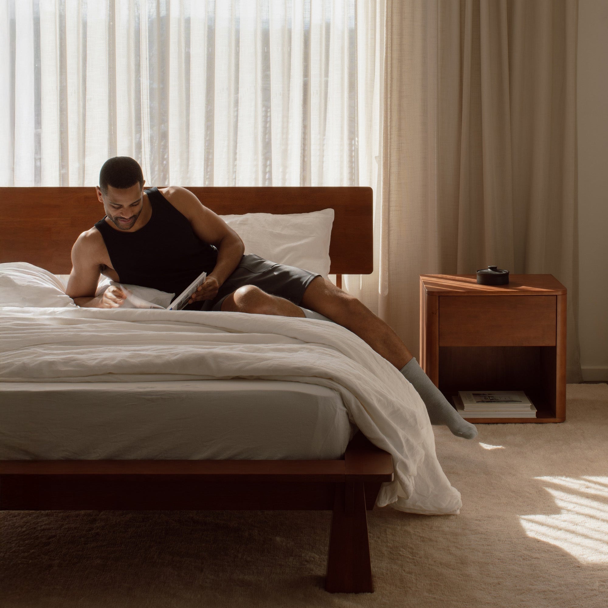 Platform Bed + Wooden Headboard + Bedsides
