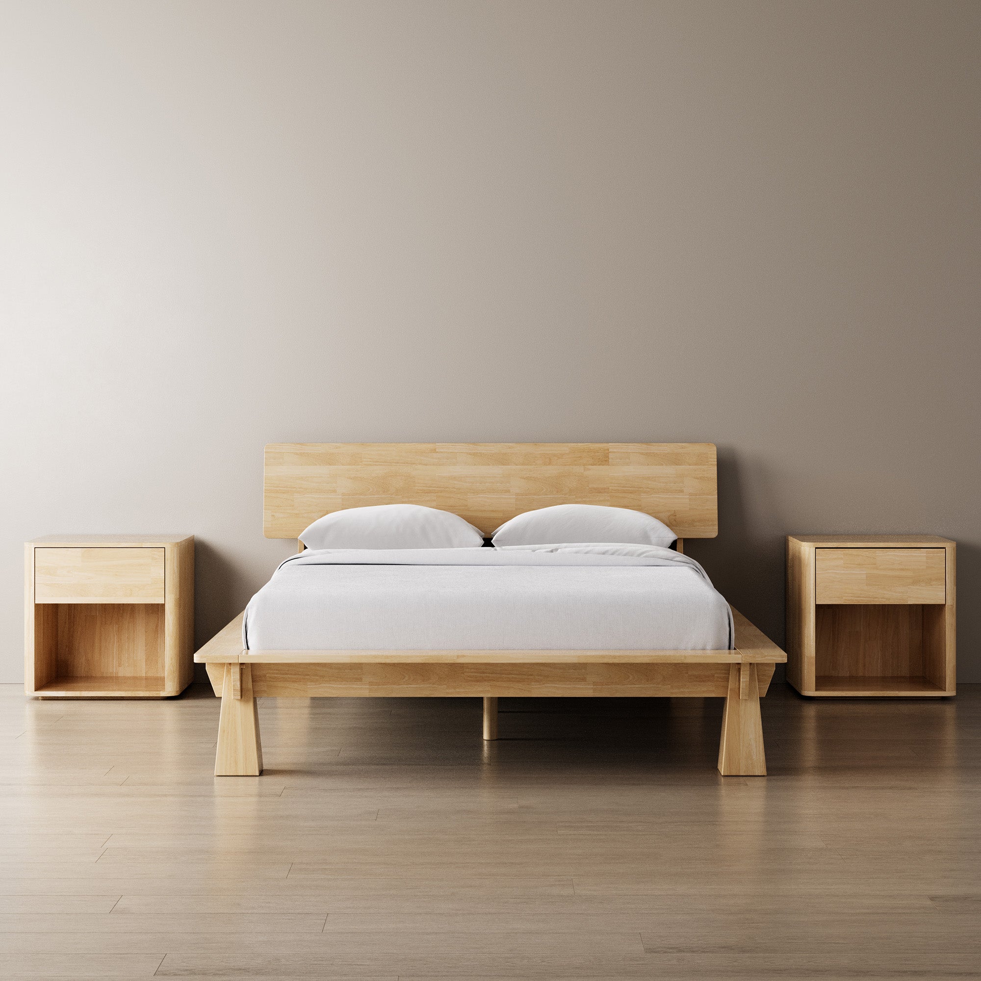 Platform Bed + Wooden Headboard + Bedsides