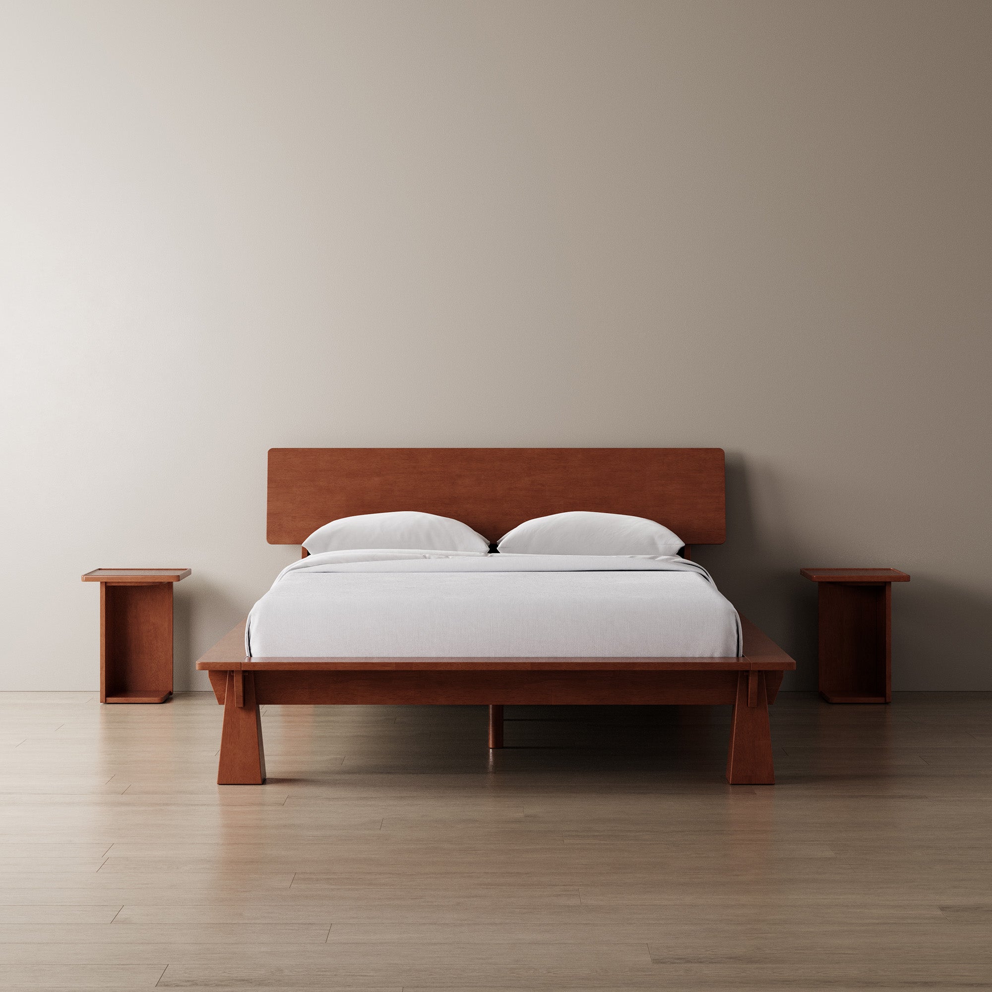 Platform Bed + Wooden Headboard + Bedsides