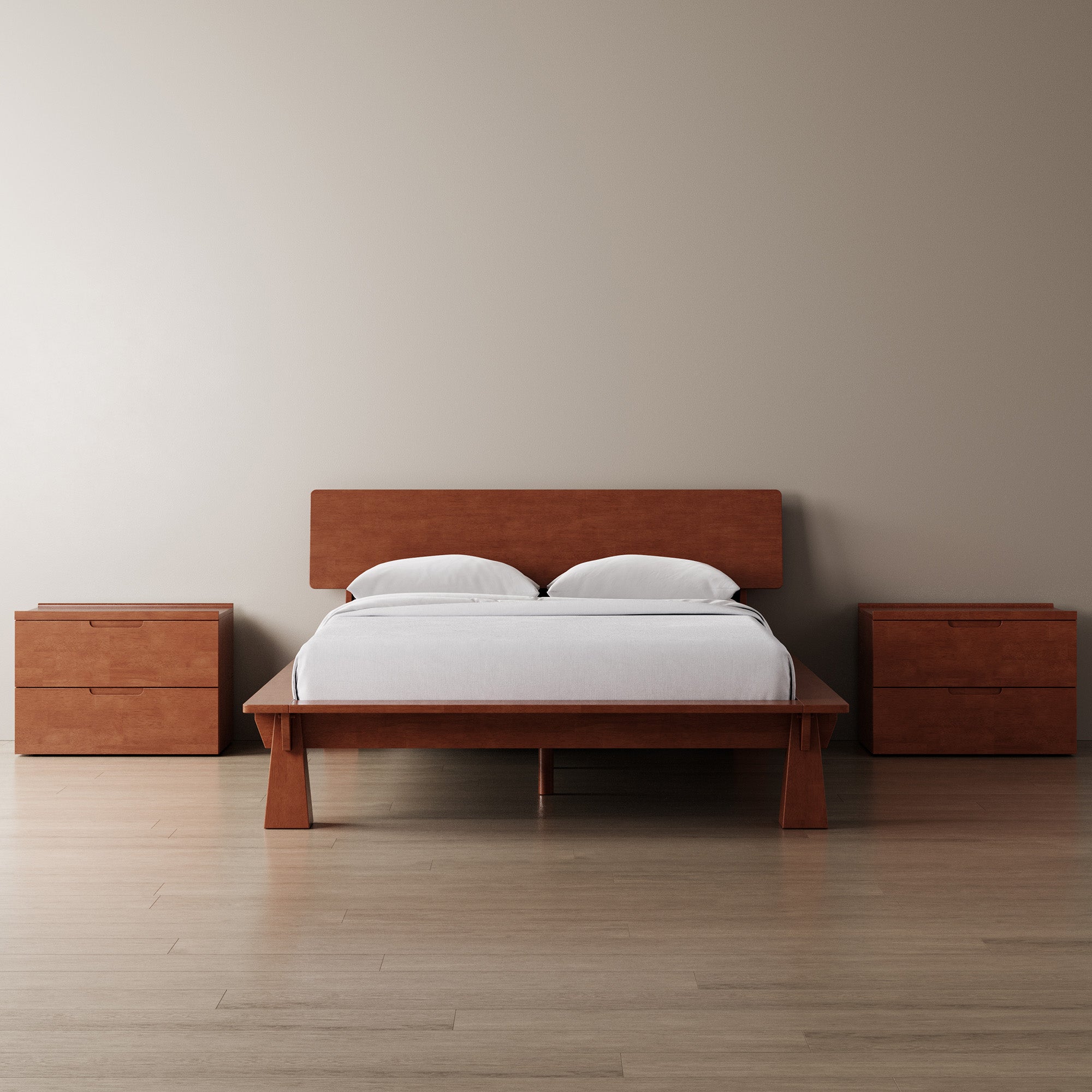 Platform Bed + Wooden Headboard + Bedsides