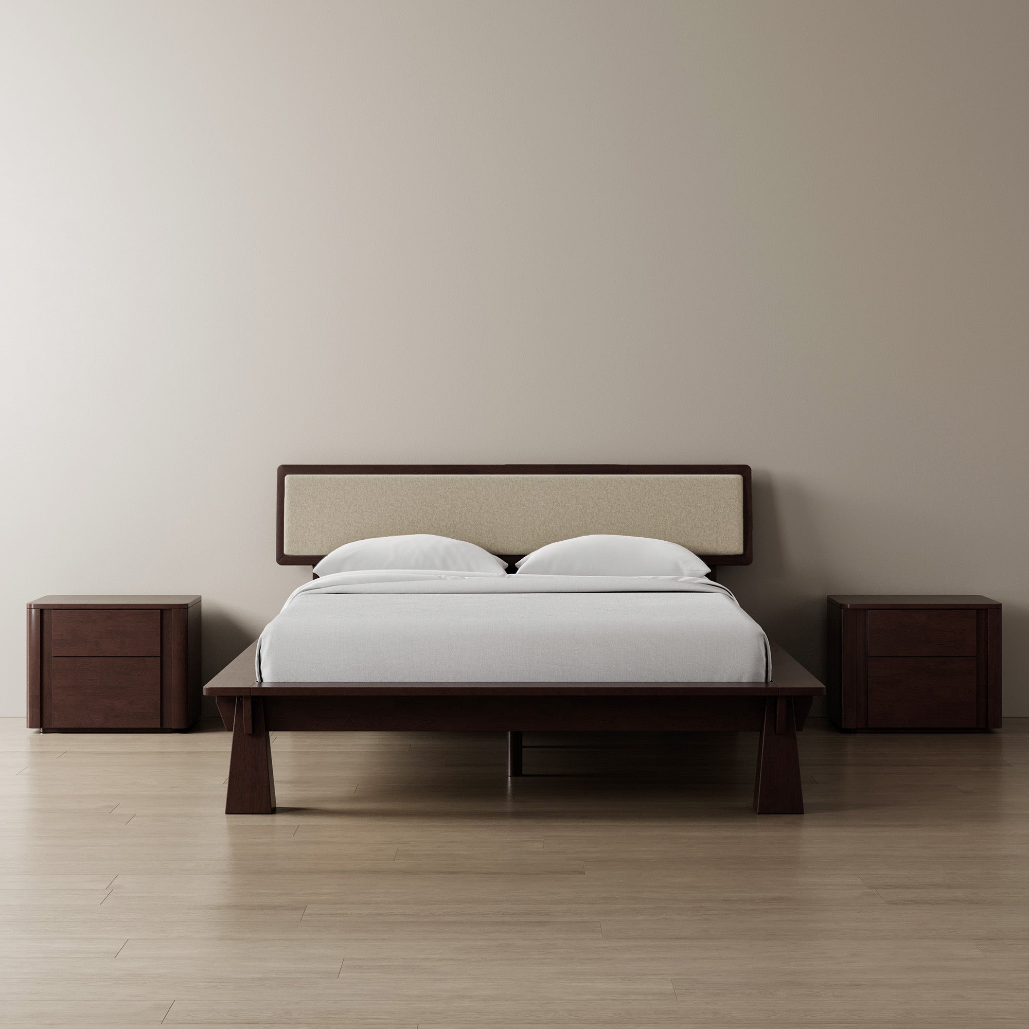 Platform Bed + Cushioned Headboard + Bedsides