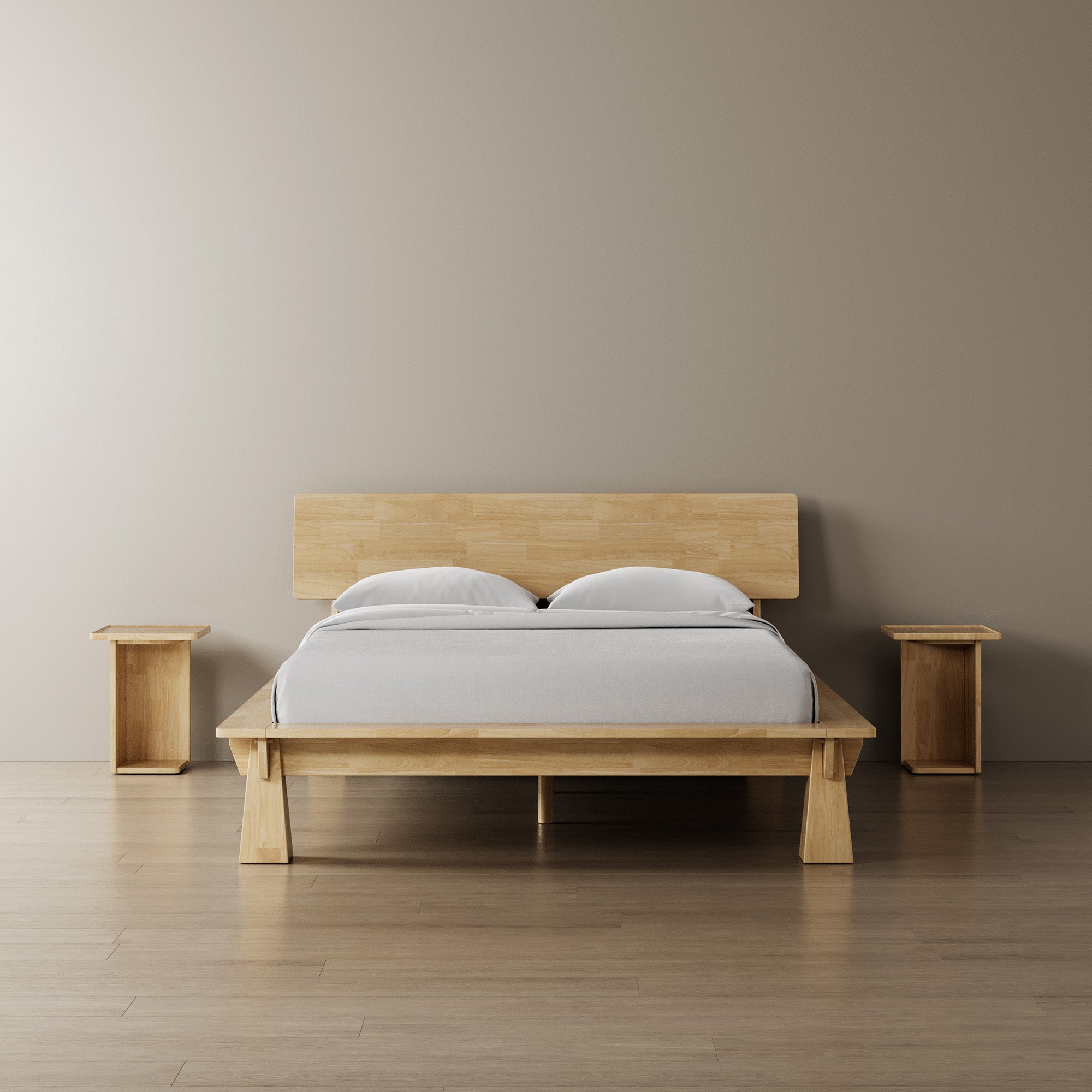 Platform Bed + Wooden Headboard + Bedsides