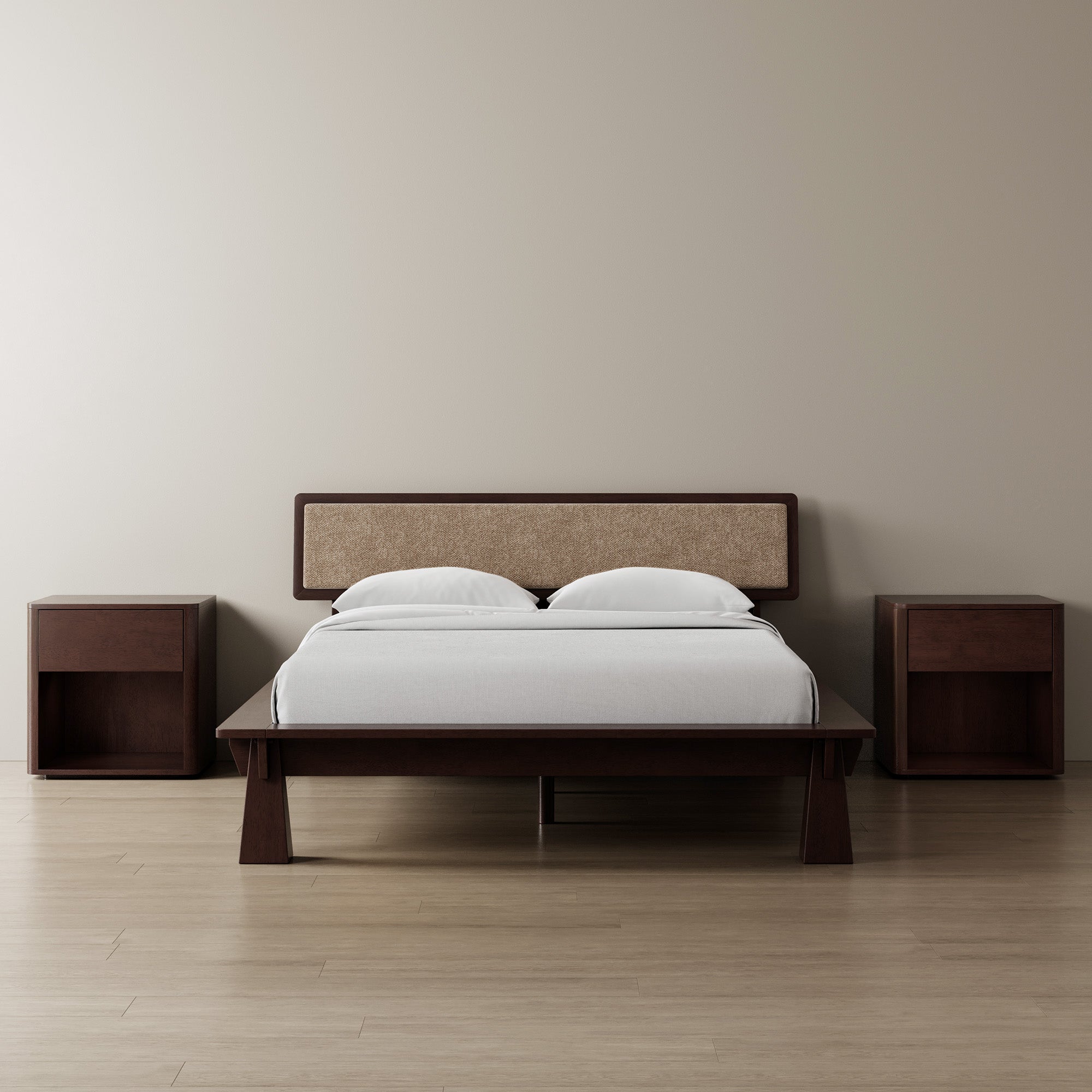 Platform Bed + Cushioned Headboard + Bedsides