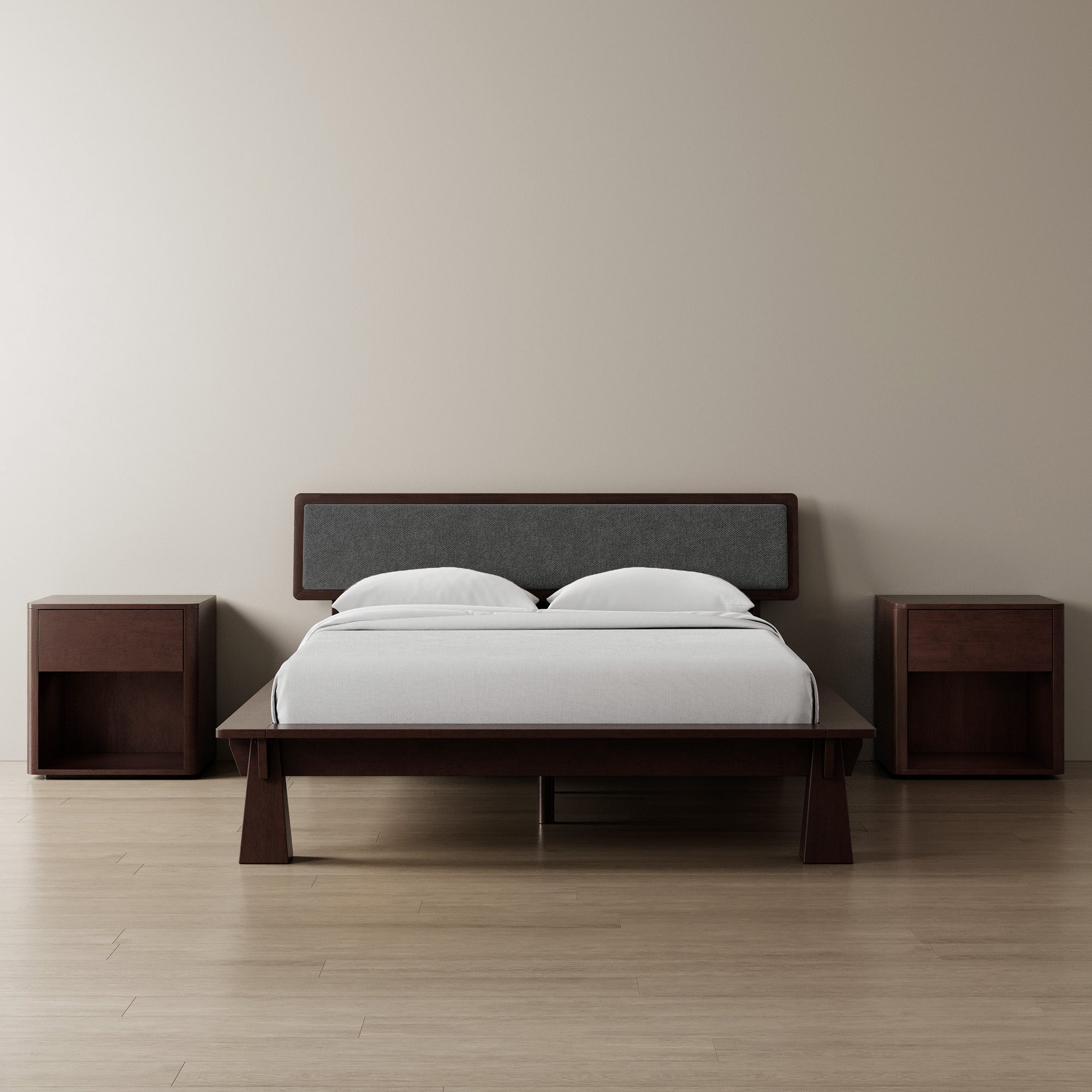 Platform Bed + Cushioned Headboard + Bedsides