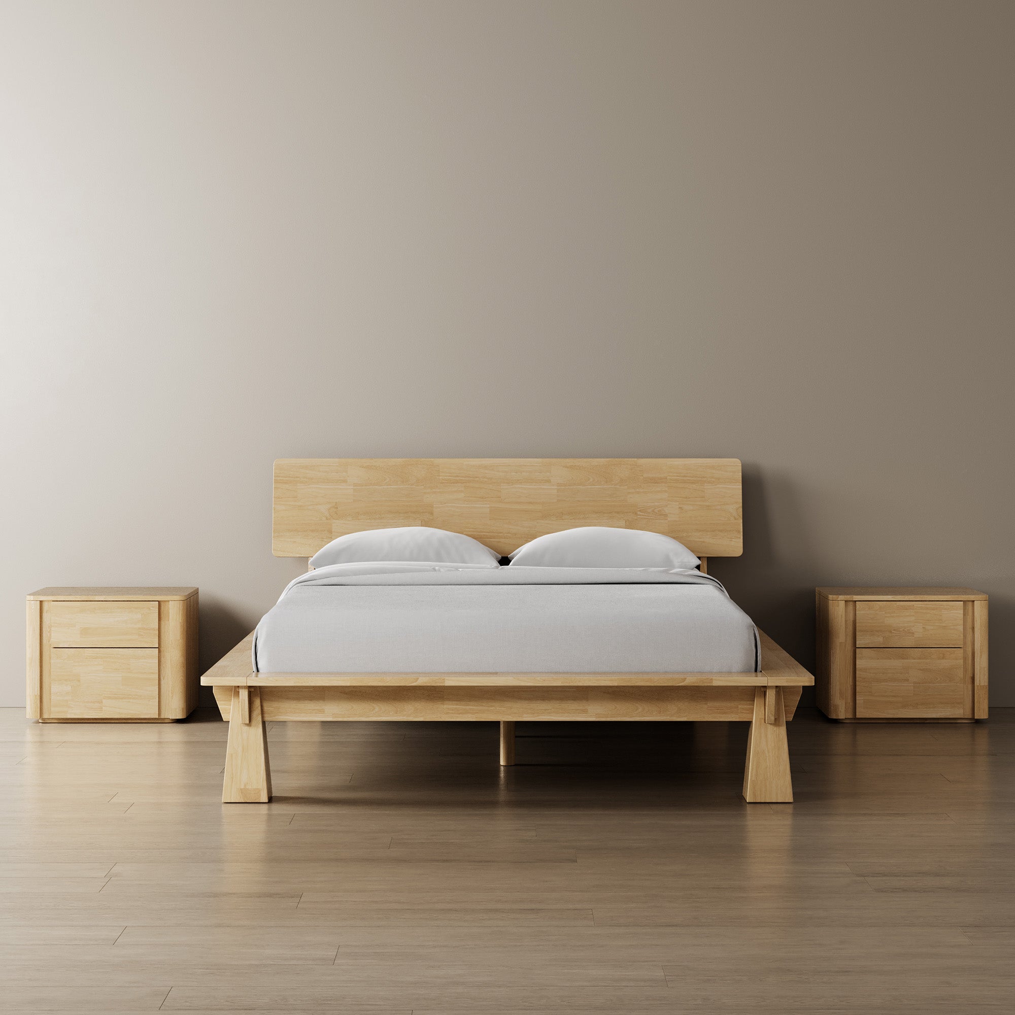 Platform Bed + Wooden Headboard + Bedsides