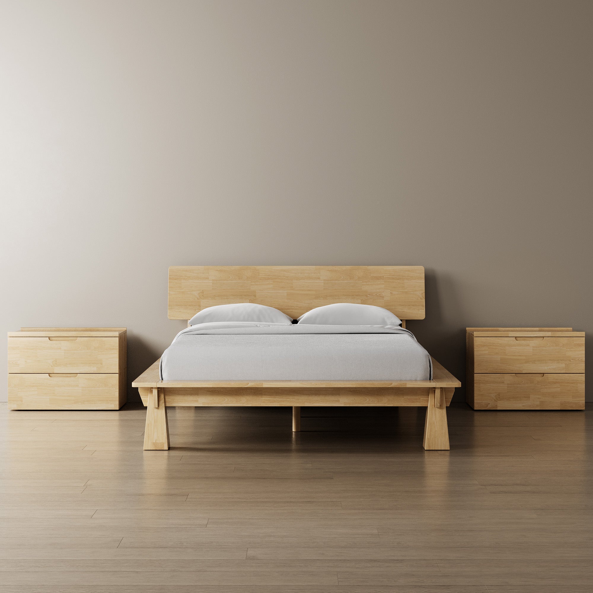 Platform Bed + Wooden Headboard + Bedsides