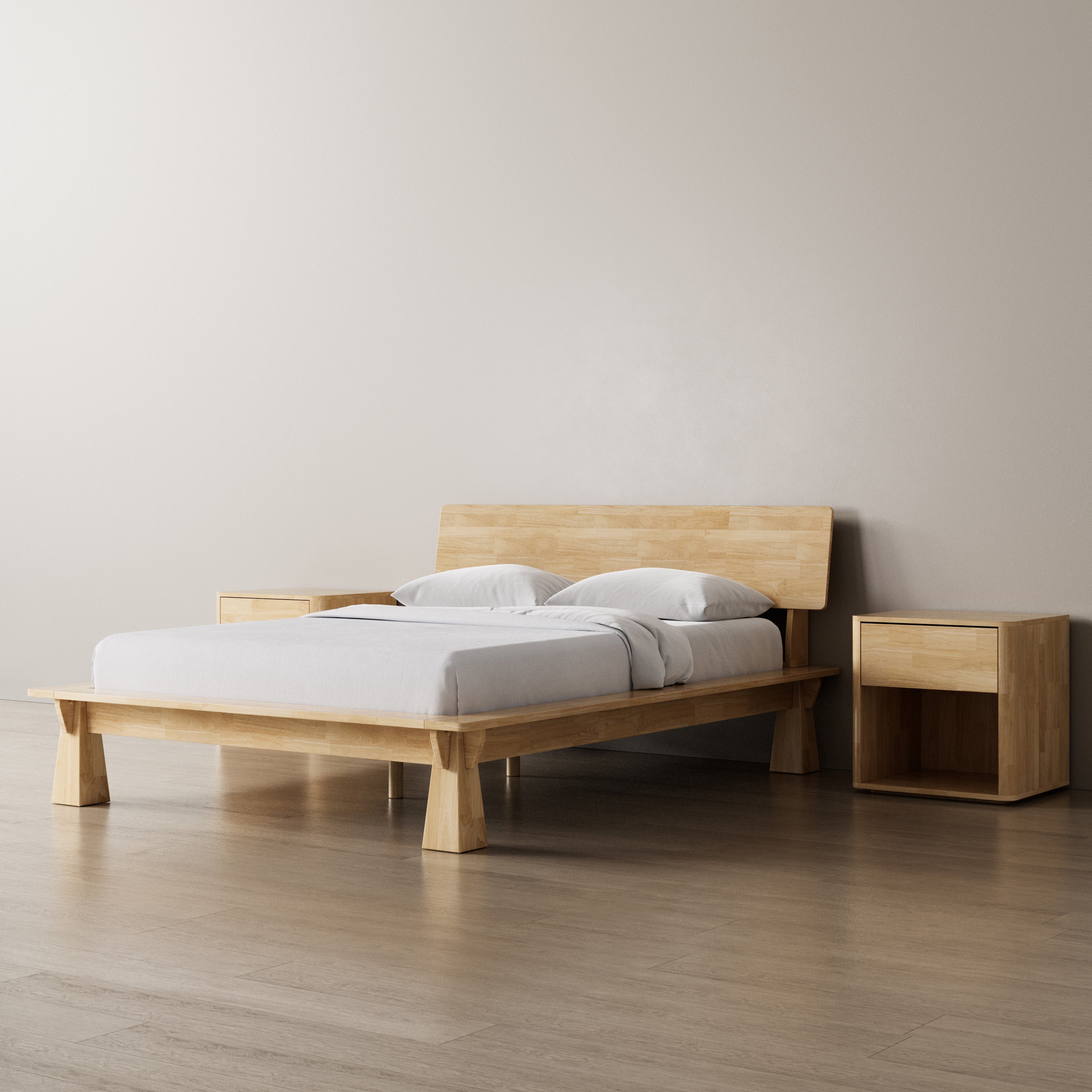 Platform Bed + Wooden Headboard + Bedsides